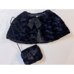 Girls Black Fur Cape & Purse Set Large Shawl Shrug Capelet Fancy Formal French